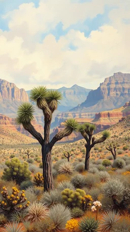 A Joshua trees surrendered by the Grand Canyon mountains the desert, in a forgotten battlefield over run by vegetation, cutesy tiktok detailed oil painting, grainy, old style