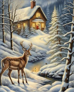 v20th century hungarian vintage postcard, painting of a deer in a snowy forest , a little cute village in the valley in the background, christmas mood, cosy enchanted winter scene, beautiful depiction, inspired by Terry Redlin, snowy winter beauty scene, painting, by Cindy Wright, beautiful detail, by Doris Blair, wintery scene, amazing detail, stunning artwork, vintage postcard, nostalgic style