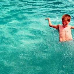 a boy diving in the ocean and finds treasure chest, photo realistic, bright, happy