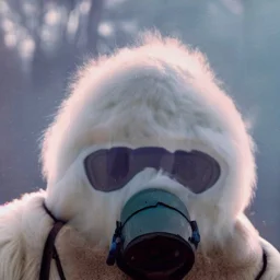 subject = (Yeti in a mask) background = (wildfires, mountains, fires, smoke, disaster)