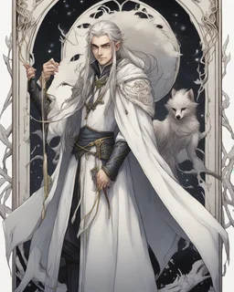 a young High Elf frost Wizard with long wiry hair, wearing a black trimmed white nobleman's robe and frost ornaments on clothes, with a small weasel on his shoulder