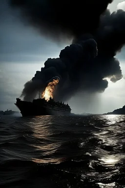 A black ship at sea, and in the distance an island in which an explosion occurred.