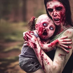 zombie woman hugging human baby