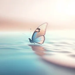 una mariposa, en primer plano, de colores pasteles volando en el mar en una ambiente de paz, con luz suave y en una atmosfera misteriosa