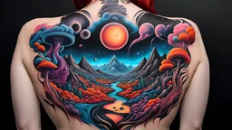 an amazing alien landscape tattooed on a human female back in vivid and vibrant, colorful tattoo ink on a black background