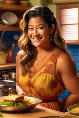 Gina Rodriguez cooking, first transformation hits. Torso undergoes change: golden radiance, pronounced curves, idealized Germanic aesthetic, dirndl-clad, embroidered details, blonde allure, traditional elegance, cooking in transformed grace, enchanting essence, harmonious blend, ethereal energy, vibrant transformation, mesmerizing allure, sophisticated refinement, cultural charm.