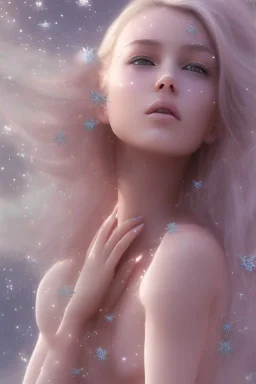 voile d'étoile dans le ciel, femme cosmique, belle, fine, jolie bouche douce subtile, long cheveux blond etoilés, great flower fleurs pink and white, etoile filante, cristaux, vray, cgi, reflets de lumen, prairie