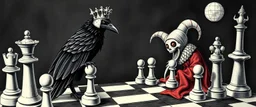 chess board crow knight with cat o nine tails, wearing mirror hat, climbing ladder, in front of chalk art clown vampire, cthulhu bed sheets, in the style of escher