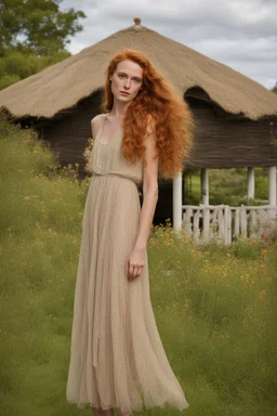 full body and headshot of a skinny Cleopatra, with long wavy ginger hair, in a floaty dress, standing on a village green, with thatched roof cottages behind