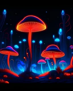 A magical forest with glowing mushrooms and fireflies, Generative AI, 80s retro futuristic sci-fi., nostalgic 90s. Night and sunset neon colors, cyberpunk vintage illustration, synthwave