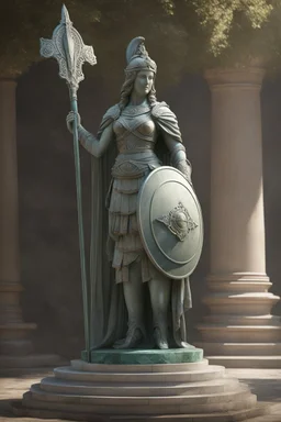 highly detailed marble and jade roman statue on a plint of a 18 year old goddess of war in plate mail and carrying a spear and holding a round shield in front of her. full body shot, invisible gloves, , volumetric fog, Hyperrealism, breathtaking, ultra realistic, unreal engine, ultra detailed, cyber background, Hyperrealism, cinematic lighting, highly detailed, breathtaking, stunning temple environment