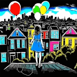 A girl in a blue dress standing tippy toe on the roof of building in chalk-drawn cityscape on a black board, holding a bunch of colorful primary colored balloons.She is standing on the roof of one of the houses, She appears carefree, soaring amidst the whimsical, artistic backdrop of houses.