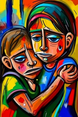 a girl hug her brother and both crying sadly, expressionism, Pixar style, in abstract art Basquiat, Picasso, Miro, Kandinsky, Klee, Birell, Fairey, Ardon, Buffet aand Picasso style, HD --s 750 --v 5.1 --style raw, water color