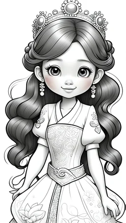 black and white, ((white background,)) coloring drawing page, cartoon, style pixar, line art, All body, beautiful cute princess Chinese, with cute hair and eyes, sparkles,