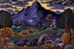 A dark purple mountain with tar pits designed in Oaxacan alebrijes painted by Rene Magritte