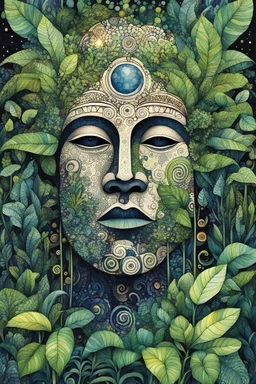 random watercolor Zentangle patterns in the styles of Gustav Klimt ,Wassily Kandinsky, Alphonse Mucha, and Kay Nielsen that depicts a colossal Olmec stone head , overgrown with the lush plant life of the Yucatan jungle, bathed in moonlight, highly detailed, with fine ink outlining