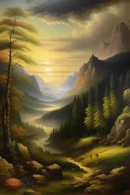 A highly detailed landscape painting in the style of the Hudson River School