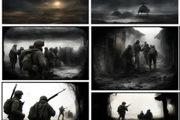 Masterpiece1:5)(Fineart), (award-winning:1.5), highest quality, (ultra realism:1.5) war journalism(,(by Tim Page and Hoorst Faas:1.5)),(Eastern Ukraine:(panel one:the moment after a battle ends, horrors of war, wounded men),(2nd panel, cinematic shot of men sitting in trench with 1000 yard stare (focus on their eyes:1.5)),(the third panel shows troops tired but hyper alert), (the fourth panel shows the sky is filled with incessant, fire and smoke everywhere,)
