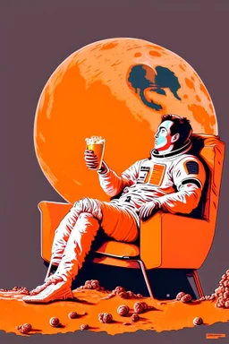 simple digital art scene, Elon musk sitting on the moon on an orange couch, beer in hand ,eating popcorn, looking unamused at planet earth,. selective colours