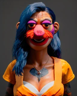 hybrid character, waitress sexy woman with monster muppet mask that covers her entire head, short shirt, tray, beer, old school tattoo, retro style, Sesame Street style, hot, smooth, unreal engine 5, god lights, ray tracing, RTX, lumen lighting, ultra detail, volumetric lighting, 3d.