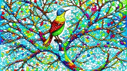 Imagine an image of a colored glass mosaic formed in the form of an amazing bird standing on a branch of a tree interspersed with white snow, as if the world had turned into ice and snow, reflecting the wonderful colors of the spectrum on the snowy tree, increasing the joy, illumination and beauty of the little bird.