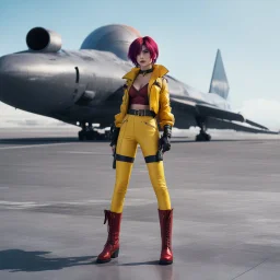 high res cinematic photo by Hajime Yatate: Faye Valentine, clad in her iconic outfit (a yellow short and a yellow latex crop top, under a red bubble sleeveless jacket), stands on the tarmac of Aeropuerto on Asteroid Tijuana with leather boots. She points her trusty gun. Amidst noise and dust swirling around the starship, Faye's violet hair is an 80s update of the flapper Bob, reflecting the tech beauty of the alien spaceport.