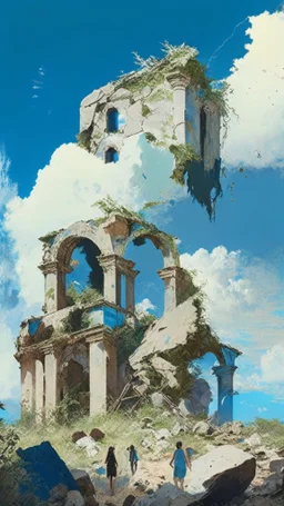 ruined buildings with people and blue sky and white clouds and foliage and rocks