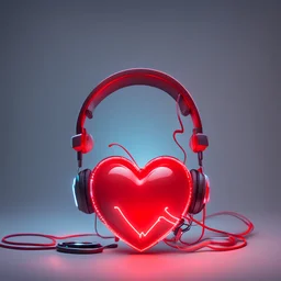 Luminous red heart wearing a headset connected to a phone