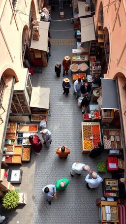 a top view of a public market in Morocco showing people sailing food and outlet requirements
