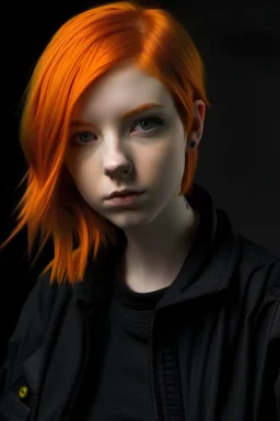 Girl with orange hair red eyes and a orange jacket and black shirt with short hair