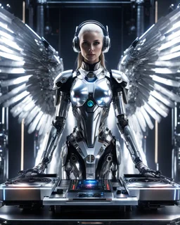 wide shot image facing front photography realistic full body robotic mechanical metalic chrome bright shine,futuristic armor Beautiful Futuristic Cyborg Angel Woman as DJ player,playing turntable DJ player,big sound system and laser spot light background