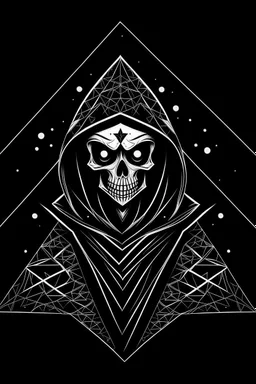 tim burton skeleton in a black hooded cloak drawn in a retro mascot style, inside a diamond shape on a black background, monochromatic