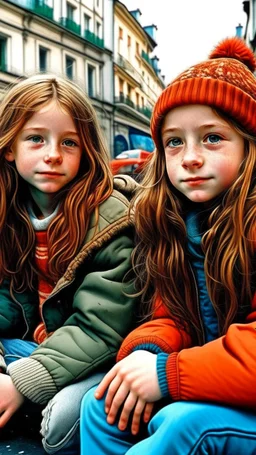 iki kız beraber sokakta oturuyorlar yaşları daha büyük liseliler daha renkli kızlardan birinin saçı kabarık diğerininki ise biraz uzun geniş açı ikisininde vücudu tam görünsün