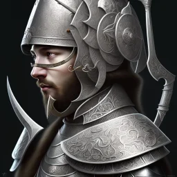 Sango fantasy, fantasy magic, intricate, sharp focus, illustration, highly detailed, digital painting, concept art, matte, art germ and Paul Lewin and Kehinde Wiley, Medieval Arab knight, wearing a silver helmet engraved with Arabic motifs, black eye, chin