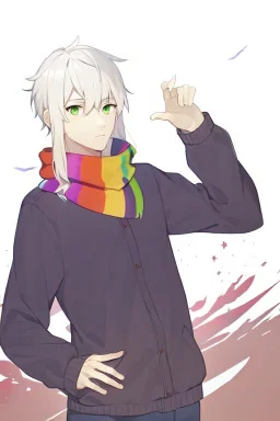 Anime style, Make the art more realistic in the anime version, man, Green eyes, Wearing a colorful scarf around your neck, His hand on the right is referencing himself