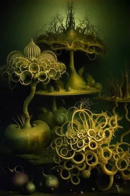 A daguerreotype-style close-up image of a surreal background inspired by Hieronymus Bosch and Max Ernst, featuring twisted organic forms, decaying botanical elements, and strange vegetal growths that seem to pulse with unnatural life. The entire scene is bathed in soft, ambient lighting that creates an otherworldly atmosphere, with areas of deep shadow contrasting against the pale, spectral glow of the figures.