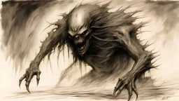 scary black monster in the dark, post-apocalypse, sketch, thick black pencil, by Luis Royo