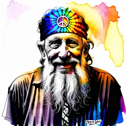 A dreamy watercolor painting showcases an elderly man with a long, flowing white beard and warm, kind eyes, radiating the spirit of an old hippie. He stands centered, wearing a tie-dyed headband with a “peace symbol” prominently displayed, his face subtly layered with a double exposure revealing a blurred, vibrant stage performance, hinting at a lifetime immersed in music. Soft, diffused light illuminates his gentle smile and highlights the intricate details of his weathered face, casting a warm