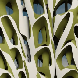 A building inspired by olive kernels, rendered in a contemporary abstract style.