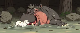 realistic anime hippo pimp with fluffy hair, doing dog things and eating small dog in the style of fallout 4 and giger and escher