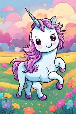 kids illustration, a cute unicorn playing in field, cartoon style, thick line, low details, vivid color