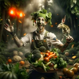 victory portrait of crazy cook army officer playing basketball with vegetables inside grove with fluffy hare with mutations getting blasted by exploding hare, 4 k, down-light, soft light, depth of field, photo realism, trending on art station, high detail, spray paint