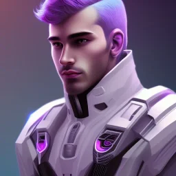 man, cute face, white highlight hair, brown eye, white, skin, purple suits, futuristic, science, purple, blue, dark pink background lighting, technology, profile, asian boy, square face, orange backlight, pug