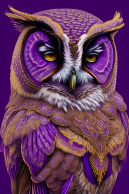 owl, purple and gold tones, insanely detailed and intricate, hypermaximalist, elegant, ornate, hyper realistic, super detailed, by Pyke Koch