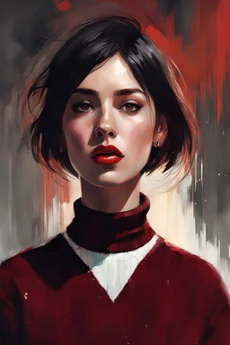 1girl (((abstract shapes))), 1girl, short dark hair, corduroy turtleneck sweater burgundy, fluid on chest, stud earrings, necklace, despair expression, red lips, mole under mouth, highly detailed 4k resolution, in the style of adrian ghenie, (neon), beams of light, safari, esao andrews, jenny saville, edward hopper, surrealism, (((dark art by james jean))), (takato yamamoto), inkpunk minimalism, heavenly background, perfect composition, beautiful detailed, intricate, insanely detailed, artistic