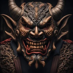 japanese demon mask, highly detailed, realistic, photorealism, symmetrical, soft lighting, detailed face, intricate details, HDR, beautifully shot, hyperrealistic, sharp focus, 64 megapixels, perfect composition, high contrast, cinematic, atmospheric, moody