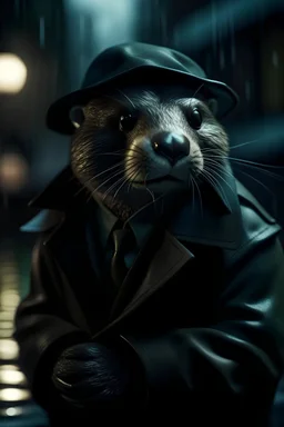 primer plano de una nutria detective con sobretodo verde oscuro, policial negro, fondo de paisaje urbano, húmedo y oscuro, contraluz, atmosfera de misterio