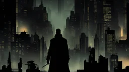 Blade runner city at night; silhouette of detective in trenchcoat
