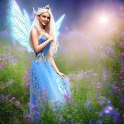 Fantasy fairy with transparent wings, smiling, make up, long platinum blond hair with crown and flowers, blue dress, flowering background