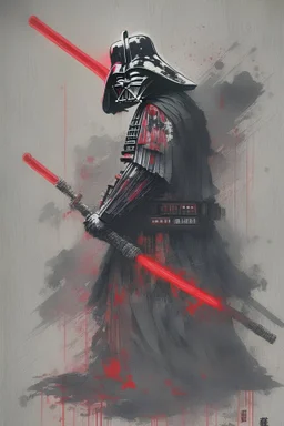 samurai darth vader holding a red katana in japanese ink brush style painting